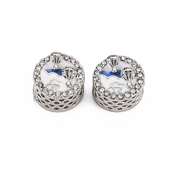 Rack Plating Alloy Enamel European Beads, with Crystal Rhinestone, Large Hole Beads, Cadmium Free & Nickel Free & Lead Free, Flat Round with Word Live Life on the Clouds, Platinum, Royal Blue, 11.5x8mm, Hole: 5mm