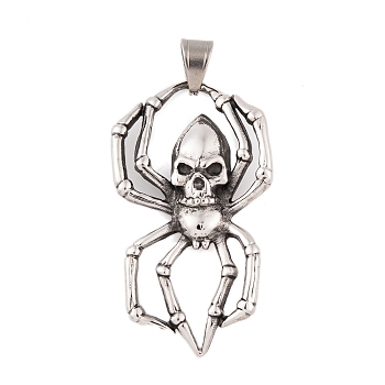 304 Stainless Steel Big Pendants, Skull Spider Charm, Antique Silver, 59.5x33.5x6.5mm, Hole: 10x6mm