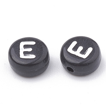Opaque Acrylic Beads, Horizontal Hole, Alphabet Style, Flat Round, Letter.E, 7x4mm, Hole: 1.5mm, about 370pcs/50g