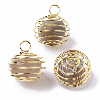 Iron Wrap-around Spiral Bead Cage Pendants, with Natural Grey Agate Beads inside, Round, Golden, 21x24~26mm, Hole: 5mm