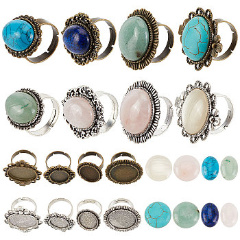 DIY Mixed Gemstone Finger Ring Making Kits, Including Adjustable Iron Finger Ring Components and Gemstone Cabochons, Mixed Color, Rings Settings: 8pcs/bag
