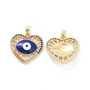 Brass Micro Pave Cubic Zirconia Pendants, with Enamel Evil Eye, Heart Charms, Golden, 20x20x4mm, Hole: 4x2.5mm