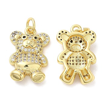 Brass Micro Pave Cubic Zirconia Pendants, with Jump Rings, Lead Free & Cadmium Free, Bear Charms, Real 18K Gold Plated, 20x12.5x10.5mm, Hole: 3.4mm