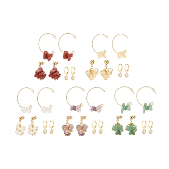 3 Pairs 3 Style Natural Gemstone Chips Beaded Cluster Dangle Stud & Leverback Earrings, Brass Half Hoop Earrings for Women, Golden, 21~32mm, Pin: 0.7~0.9mm, 1 Pair/style