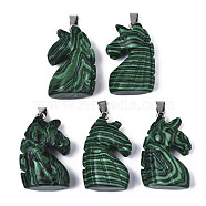 Carved Synthetic Malachite Pendants, with Stainless Steel Bails, Unicorn, Stainless Steel Color, 38~41x11~14x24~25mm, Hole: 9x4mm(G-N0327-002H)