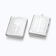304 Stainless Steel Locket Pendants, Photo Frame Charms for Necklaces, Rectangle with Cross, Stainless Steel Color, 39.5x27x5.5mm, Hole: 2mm, Inner Size: 18.5x29mm(STAS-E144-010P)