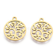 201 Stainless Steel Pendants, Filigree Joiners Findings, Laser Cut, Flat Round with The Tree of Life, Real 18K Gold Plated, 17x14.5x1mm, Hole: 1.5mm(STAS-S105-JN890G)