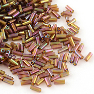 AB Color Plated Glass Bugle Beads, Transparent Colours Rainbow, Indian Red, 6x2mm, Hole: 1mm, about 450g/bag, about 1111pcs/50g(X-SEED-R012-162C)