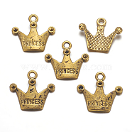 Tibetan Style Pendant Rhinestone Settings, Crown, Lead Free and Cadmium Free, with Word Princess, Antique Golden, 19x17mm, Hole: 2mm(TIBEP-A0368YKG-AG-FF)