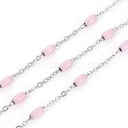 304 Stainless Steel Cable Chains, with Enamel Oval Beads, Soldered, with Spool, Flat Oval, Stainless Steel Color, Pearl Pink, 5x2.5mm, Link: 2x1.6x0.3mm, about 32.8 Feet(10m)/roll(CHS-G006-P06)