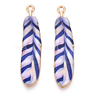 Rack Plating Alloy Pendants, Printed, Lead Free & Cadmium Free & Nickel Free, Feather Charm, Light Gold, Royal Blue, 38x9x1.5mm, Hole: 1.8mm(FIND-H043-02LG-08-1)