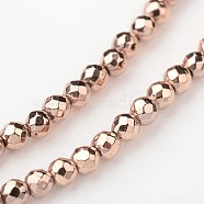 Eco-Friendly Long-Lasting Plated Non-magnetic Synthetic Hematite Smooth Beads Strands, Faceted Round, Rose Gold Plated, 2mm, Hole: 1mm, about 173pcs/strand, 15.5 inch(G-I175-34-2mm-RG)