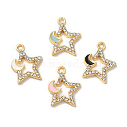 Rack Plating Alloy Rhinestone Pendants, with Enamel, Nickel Free, Star with Moon Charms, Golden, Mixed Color, 17x13x2mm, Hole: 1.6mm(PALLOY-O106-27G)