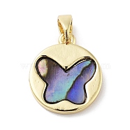 Natural Paua Shell Butterfly Pendants, Brass Flat Round Charms, Real 18K Gold Plated, 16.5x14.5x2mm, Hole: 5x3mm(KK-F877-03G)