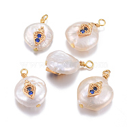 Natural Cultured Freshwater Pearl Pendants, with Brass Micro Pave Cubic Zirconia Findings, Nuggets with Radish, Golden, Dark Blue, 17~26x11~16x5~11mm, Hole: 1.6~2mm(PEAR-L027-29A)