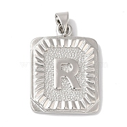 Rack Plating Brass Pendants, Long-Lasting Plated, Lead Free & Cadmium Free, Square with Letter Charms, Letter R, 24x17x2.5mm, Hole: 4x3.5mm(KK-B092-42P-R)