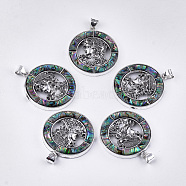 Abalone Shell/Paua Shell Pendants, with Resin Bottom and Alloy Findings, Flat Round with Woman, Antique Silver, 50x44.5x5mm, Hole: 6x8mm(RESI-S376-03)