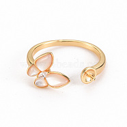 Brass Peg Bails Cuff Finger Ring Settings, with Natural Shell, for Half Drilled Bead, Nickel Free, Butterfly, Real 18K Gold Plated, US Size 7 1/4(17.5mm), Pin: 0.7mm(KK-S356-266-NF)
