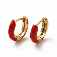 Enamel Hoop Earrings, Real 18K Gold Plated 316 Surgical Stainless Steel Jewelry for Women, FireBrick, 13x14x3mm, Pin: 1mm(EJEW-G344-02G-05)