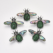 Synthetic Malachite Brooches/Pendants, with Rhinestone and Alloy Findings, Abalone Shell/Paua Shelland Resin Bottom, Bee, Antique Silver, 36x56.5x14mm, Hole: 7x4mm, Pin: 0.7mm(G-S353-08F)