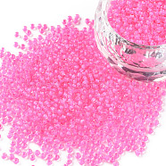 11/0 Grade A Round Glass Seed Beads, Transparent Inside Colours, Hot Pink, 2.3x1.5mm, Hole: 1mm, about 48500pcs/pound(SEED-N001-D-206)