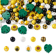 120Pcs 9 Styles Painted Natural Wood Beads, Round & Leaf & Sunflower, Mixed Color, 16~19.5x16~28x8~18mm, Hole: 2.5~4.5mm(WOOD-KS0001-18)