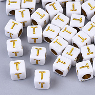 Plating Acrylic Beads, Horizontal Hole, Golden Metal Enlaced, Alphabet Style, Cube, Letter.T, 5.5~6x5.5~6x5.5~6mm, Hole: 3.5mm, about 3000pcs/500g(SACR-S297-09T)