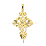 304 Stainless Steel Pendants, Laser Cut, Lotus Flower Charm, Real 18K Gold Plated, 46x27x1.5mm, Hole: 6x3.5mm(STAS-M067-01G)