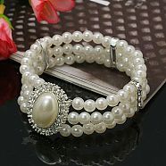 Gift for Valentines Day to Girlfriend Acrylic Pearl Wedding Bracelets, with Brass Rhinestone Bead and Alloy Rhinestone Cabochons, Stretchy, White, 50mm(BJEW-E041-4)