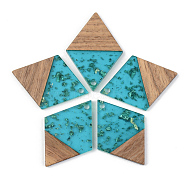 Transparent Resin & Walnut Wood Pendants, with Gold Foil, Rhombus, Dark Turquoise, 34x24x3mm, Hole: 2mm(RESI-S389-012A-B03)