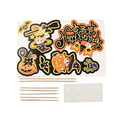 DIY Halloween Theme Paper Cake Insert Card Decoration, with Bamboo Stick, for Cake Decoration, Including Witches, Pumpkins, Spiders and Word Happy Halloween, Mixed Color, 150mm(DIY-H108-32)