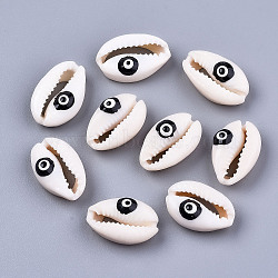 Natural Cowrie Shell Beads, with Enamel, No Hole/Undrilled, Evil Eye, Black, 18~22x13~14x6~8mm(SHEL-S266-23A)