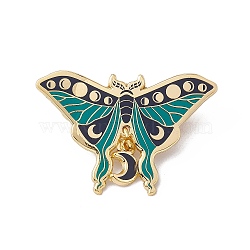 Moth With Moon Phase Enamel Pin, Golden Brass Brooch for Backpack Clothes, Teal, 31x46x2mm, Pin: 1.2mm.(JEWB-D012-05)