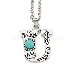 Letter A~Z Antique Silver Plated Alloy with Synthetic Turquoise Pendant Necklace, with Iron Cable Chains, Letter U, 18.70 inch(475mm), Letter U: 25x20mm(NJEW-G080-01U)