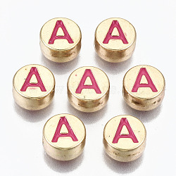 Alloy Enamel Beads, Cadmium Free & Lead Free, Flat Round with Initial Letters, Light Gold, Camellia, Letter.A, 8x4mm, Hole: 1.5mm(X-ENAM-S122-029A-RS)