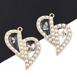 Epoxy Resin Pendants, with ABS Plastic Imitation Pearl, Shell and Light Gold Plated Alloy Open Back Bezel, Heart, Clear, 37.5x29.5x3.5mm, Hole: 1.8mm(X-RESI-T045-015)
