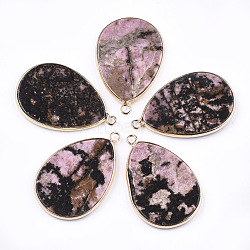 Natural Rhodonite Pendants, with Brass Findings, teardrop, Golden, 39x25x3mm, Hole: 2mm(G-T112-22E)