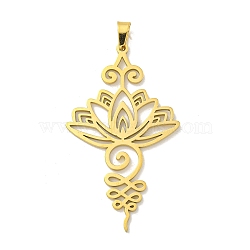 304 Stainless Steel Pendants, Laser Cut, Lotus Flower Charm, Real 18K Gold Plated, 46x27x1.5mm, Hole: 6x3.5mm(STAS-M067-01G)