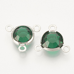 Glass Charms, with 304 Stainless Steel Finding, Flat Round, Faceted, Stainless Steel Color, Green, 12x13x4mm, Hole: 1.5mm(GLAA-S171-004B)