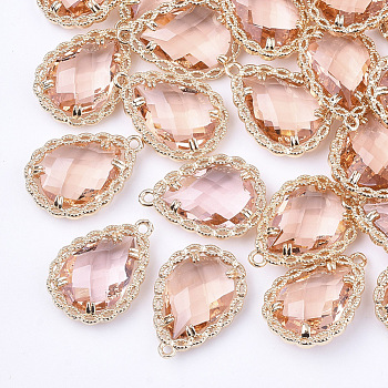 Transparent Glass Pendants, with Brass Findings, Faceted, Teardrop, Light Gold, Misty Rose, 19x14x4.5mm, Hole: 1.2mm