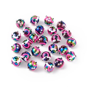 UV Plating Rainbow Iridescent Acrylic Enamel Beads, with Rhinestone, Bumpy, Round, Colorful, 15~16mm, Hole: 2.3mm