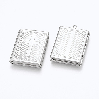304 Stainless Steel Locket Pendants, Photo Frame Charms for Necklaces, Rectangle with Cross, Stainless Steel Color, 39.5x27x5.5mm, Hole: 2mm, Inner Size: 18.5x29mm