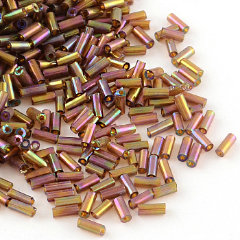 AB Color Plated Glass Bugle Beads, Transparent Colours Rainbow, Indian Red, 6x2mm, Hole: 1mm, about 450g/bag, about 1111pcs/50g