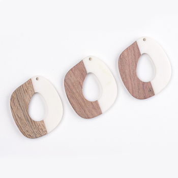 Resin & Wood Pendants, Quadrangle, White, 47x38x3mm, Hole: 2mm