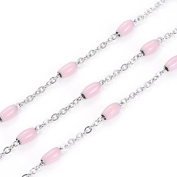 304 Stainless Steel Cable Chains, with Enamel Oval Beads, Soldered, with Spool, Flat Oval, Stainless Steel Color, Pearl Pink, 5x2.5mm, Link: 2x1.6x0.3mm, about 32.8 Feet(10m)/roll