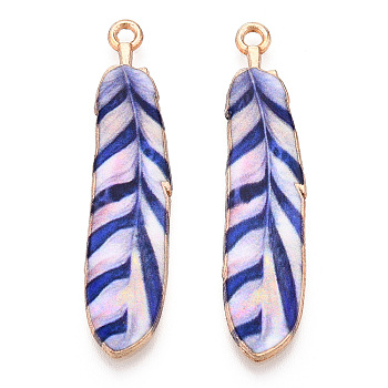 Rack Plating Alloy Pendants, Printed, Lead Free & Cadmium Free & Nickel Free, Feather Charm, Light Gold, Royal Blue, 38x9x1.5mm, Hole: 1.8mm