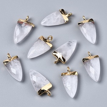Natural Quartz Crystal Pendants, Rock Crystal Pendants, with Golden Iron Loop, Faceted, Triangle, 21x10x5.5mm, Hole: 1.8mm