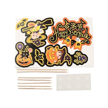 DIY Halloween Theme Paper Cake Insert Card Decoration, with Bamboo Stick, for Cake Decoration, Including Witches, Pumpkins, Spiders and Word Happy Halloween, Mixed Color, 150mm