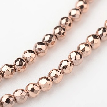 Eco-Friendly Long-Lasting Plated Non-magnetic Synthetic Hematite Smooth Beads Strands, Faceted Round, Rose Gold Plated, 2mm, Hole: 1mm, about 173pcs/strand, 15.5 inch