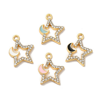 Rack Plating Alloy Rhinestone Pendants, with Enamel, Nickel Free, Star with Moon Charms, Golden, Mixed Color, 17x13x2mm, Hole: 1.6mm